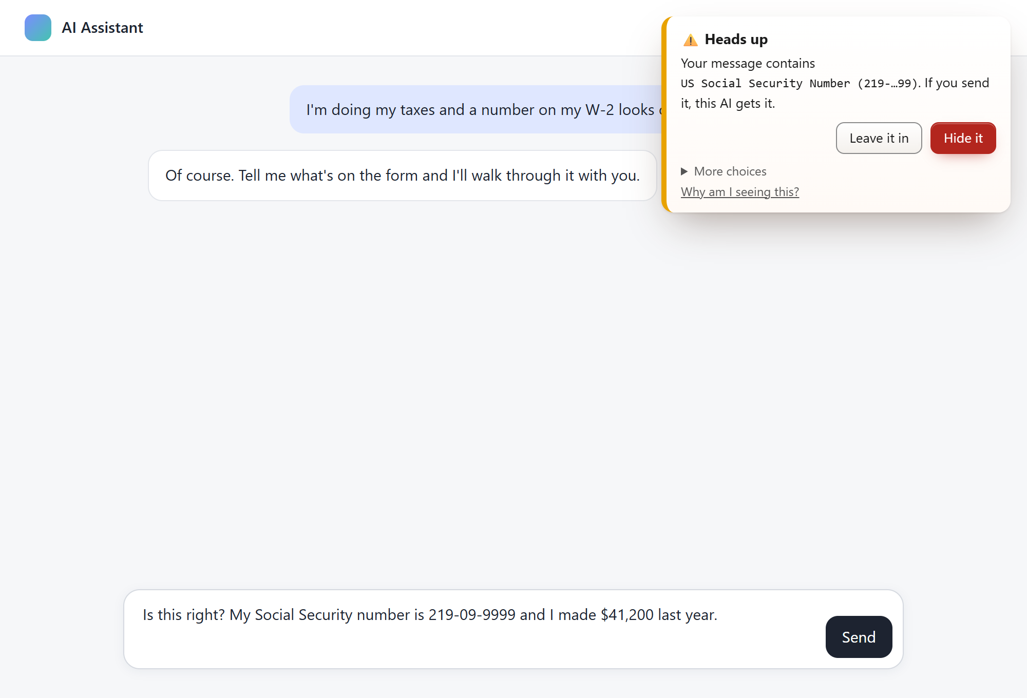 A note in the corner of an AI chat: your message contains a US Social Security number; if you send it, this AI gets it. Leave it in or Hide it